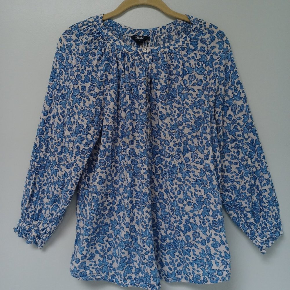 CHAPS Lightweight Boho Blouse, Blue Floral Print, Women's Size M